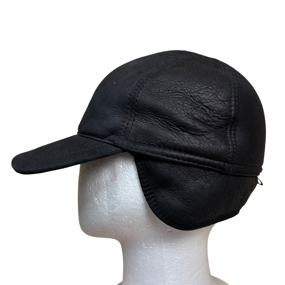 Black Leather Baseball Cap with Ear Flaps Lined Warm‎ Winter